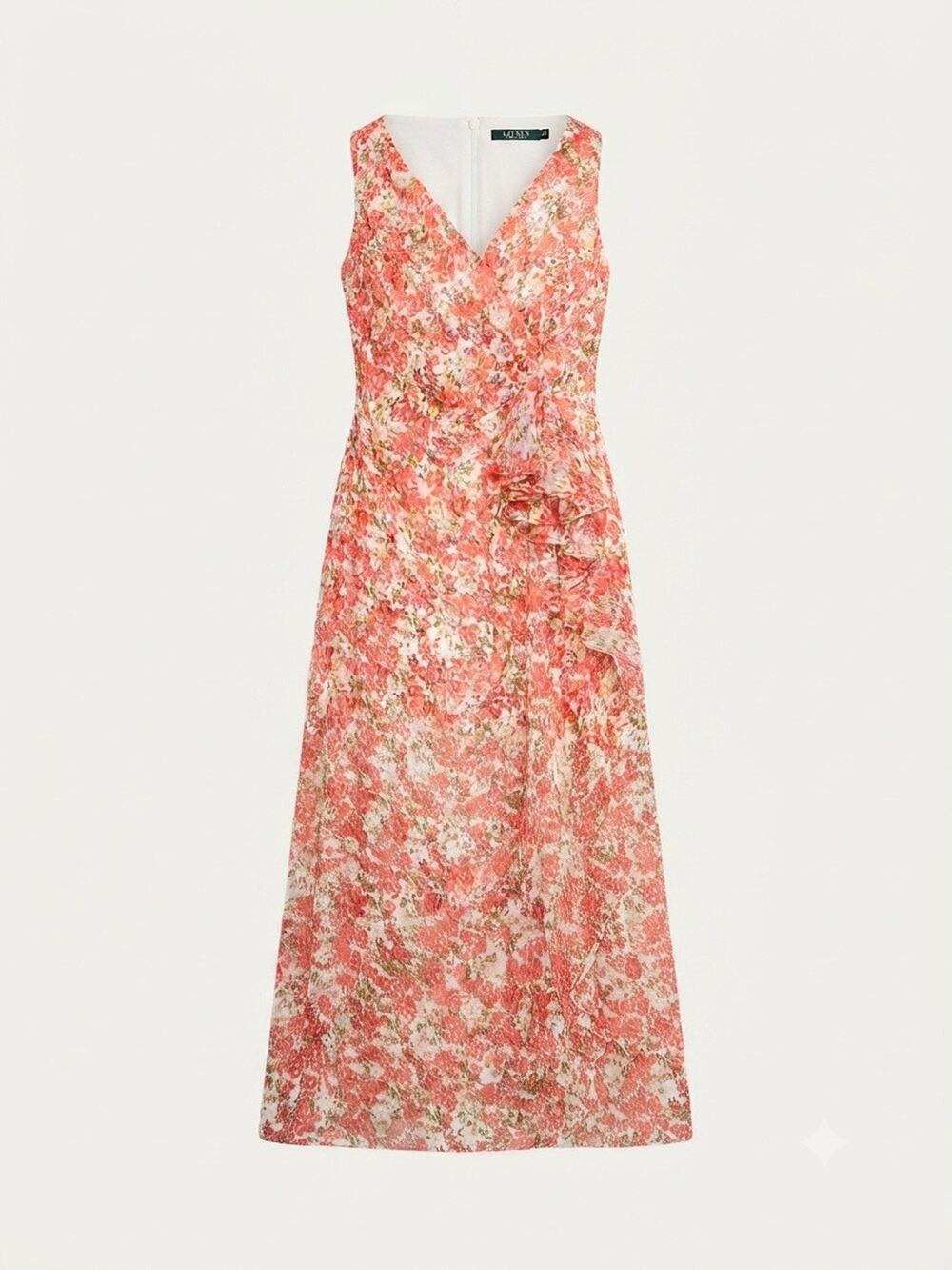 Lauren Ralph Lauren Floral Maxi Dress Size 2 Ruffle Trim Sleeveless V-Neck Gown